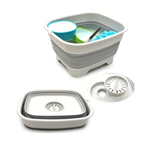 SAMMART 9.1L Collapsible Dishpan with Draining Plug - Foldable Washing Basin - Portable Dish Washing Tub - Space Saving Kitchen Storage Tray (Grey)